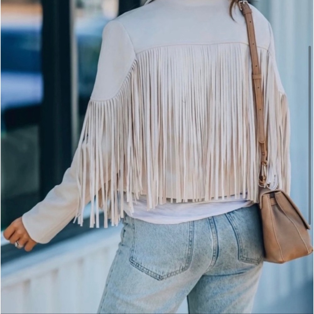 Flawless- Walford Cropped Faux Suede Fringe Jacket - Size L - Picture 8 of 10